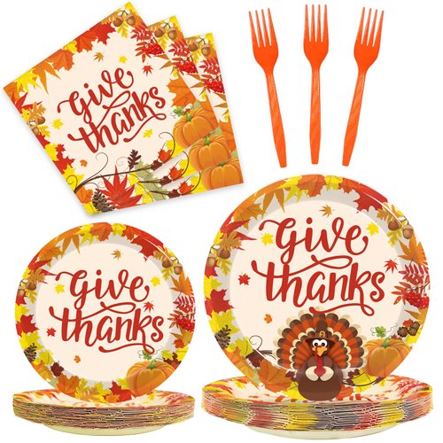 Kepeel 96 Pcs Fall Thanksgiving Party Supplies Give Thanks Party Plates Fall Pumpkin Turkey Autumn Party Plates Napkins Set Disposable Dinnerware Tableware for Thanksgiving Dinner Party, Serves 24