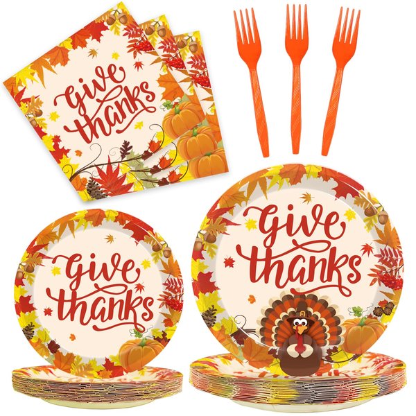 Kepeel 96 Pcs Fall Thanksgiving Party Supplies Give Thanks Party Plates Fall Pumpkin Turkey Autumn Party Plates Napkins Set Disposable Dinnerware Tableware for Thanksgiving Dinner Party, Serves 24