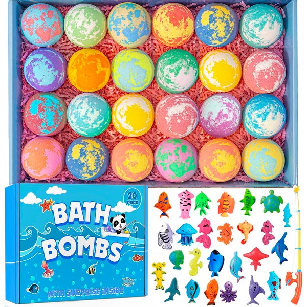 Bath Bombs for Kids with Surprise Fishing Games Inside for Girls Boys - 20 Kids Bath Bombs Gift Set, Handmade Bubble Bath Fizzes Bomb for Chrildren Birthday Christmas and Party Favor Gift for Boys