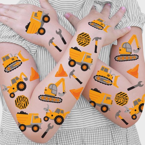 Big Dot of Happiness Dig It - Construction Party Zone Temporary Tattoos for Kids, Boy Birthday Party Favors, Truck Birthday Party Decorations, Yellow Party Supplies, 12 Sheets
