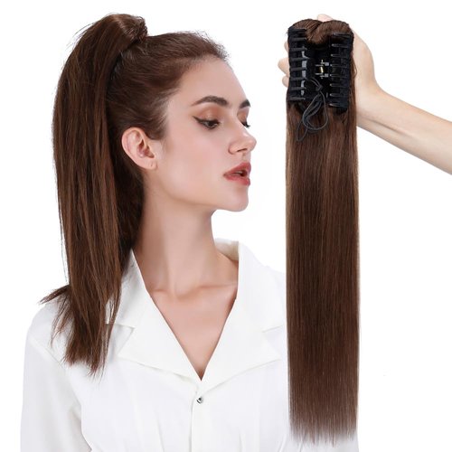 MY-LADY Ponytail Extension Human Hair Claw Clip in Ponytail Hair Extension Straight Pony Tail Hair Extensions Real Human Hair for Women Medium Brown 16 Inch 105g