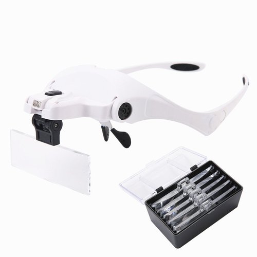 Headband Magnifier With LED Light Bracket & Headband are Interchangeable 5 Replaceable Lenses: 1.0X, 1.5X, 2.0X, 2.5X, 3.5X for Reading, Jewelry Loupe, Watch Electronic Repair