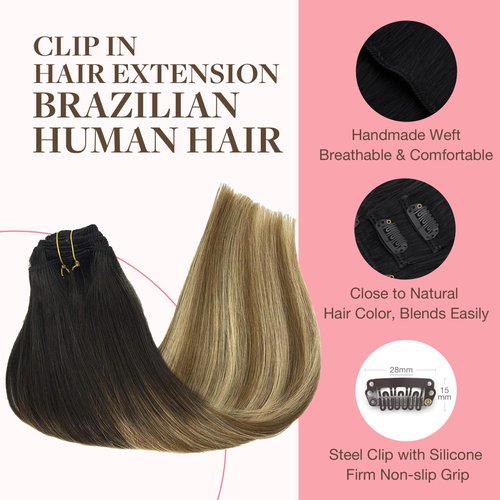 GOO GOO Clip in Hair Extensions Real Human Hair, 16inch 85g 7Pcs, 2/6/18 Balayage Brown to Dirty Blonde, Remy Human Hair Extensions Clip ins for Women, Natural Human Hair
