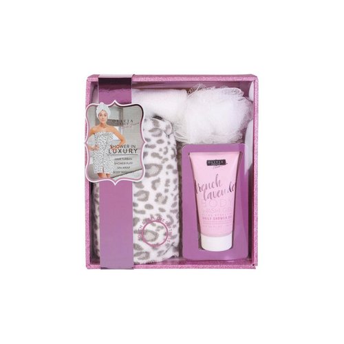 Olivia Grace French Lavender Shower in Luxury, Hair Turban, Shower Puff, Spa Wrap & Body Wash Gel