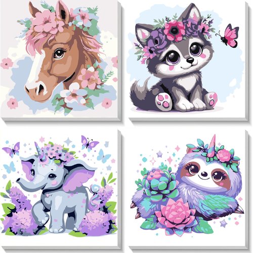 cupmod 4 Pack Cute Animals Paint by Numbers Kit for Adults,Easy Acrylic Paint by Number for Adults On Canvas,Oil Painting Paint by Number Kits Present (Framed)
