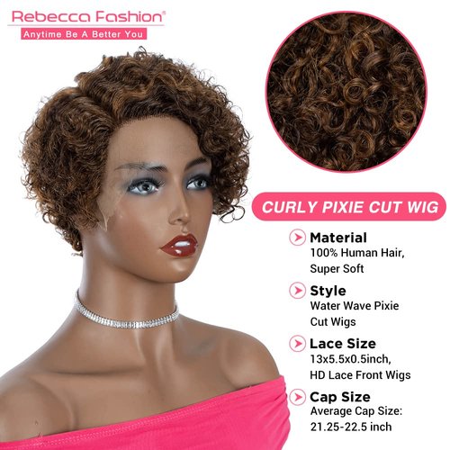 Rebecca Fashion Ombre Brown Curly Pixie Cut Lace Front Wigs Human Hair Water Wave Short Pixie Cut Wig Side Part 13x5.5x0.5 HD Lace Pixie Cut Lace Front Wigs Human Hair