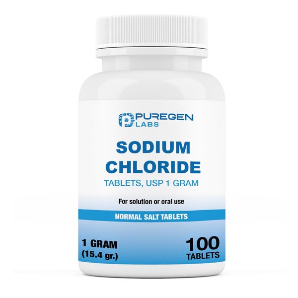 Puregen Labs Sodium Chloride Tablets 1 gm (1000 mg), USP | (15.4gr.) | 100 Count | Normal Salt Tablets | Made in USA | Electrolytes Replenisher Hydration Drink