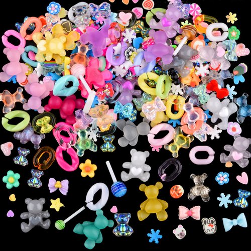 Kikonoke 100 Pieces 3D Resin Gummy Bear Nail Charms Mixed Set Cute Bow Candy Flowers Nail Art Cla...
