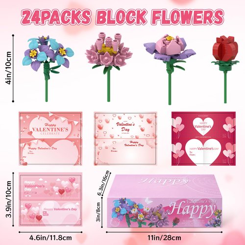 KOPHINYE Valentine Day Gifts for Kids Classroom, 24 Pack Valentines Flower Building Blocks Toys with Cards, Valentine Exchange Gifts School Party Favors for Kids, Boys and Girls