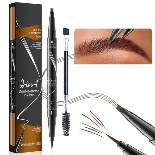 Microblading Eyebrow Pen Brow Pencil Waterproof Eyebrow Pen 2-in-1 Dual-Ended Eyebrow Pencil with 4-Fork Tip & Spoolie Brush for Long-Lasting Hairlike Eyebrow Pen, Light Brown