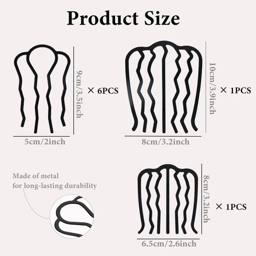 8 Pieces Metal Hair Side Combs Hair Fork Clip Hair Pin Sticks U-Shape Hair Pin Stick for Girls Women Vintage Hairstyle Hair Accessories(Black, 6 PCS 4 Prong, 2 PCS 7 Prong)