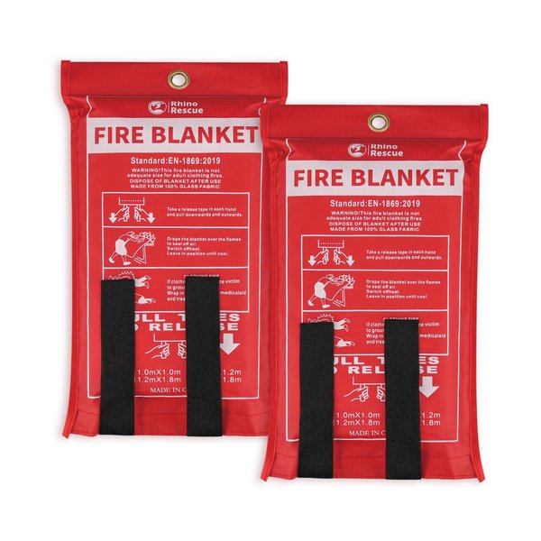 RHINO RESCUE Fire Blanket, 40''×40'' Fiberglass Emergency Fireproof Gear, Flame Retardant Protection for Home, Kitchen, Camping, Hiking, 2 Count