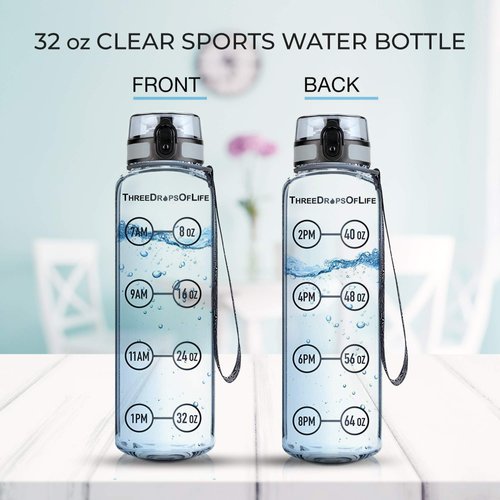 Three Drops of Life Time Marked Water Bottle, Clear Sports Timed Water Bottle 32 oz, Best for Measuring Water Intake, Tritan BPA-Free One Liter Water Bottle Tracker