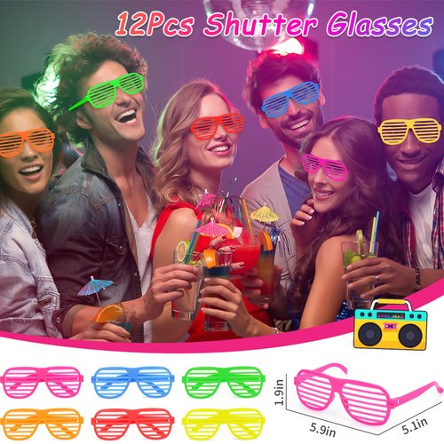 Winrayk 84Pcs 80s 90s Party Favors Birthday Supplies Shutter Glasses Gift Box Glove Necklace Hair Tie Glow Sticker Slap Bracelet Keychain Adult Teen Kid Retro Hip Hop 80s 90s Party Supplies Decoration