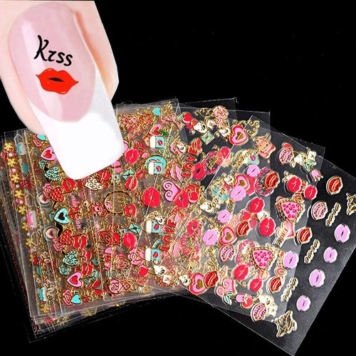 30 Sheets Valentines Day Nail Art Stickers Decals Valentines Day Nail Decorations 3D Self-Adhesive Valentines Day Love Heart Lip Sticker Lipstick Heart Color Red Lip Series Nail Sticker