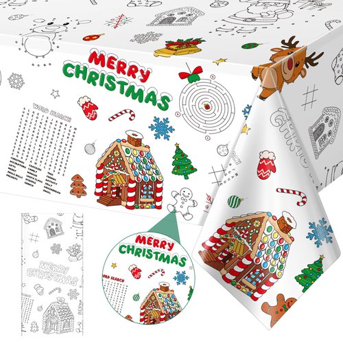 1Pack Christmas Coloring Tablecloth for Kids, Disposable Christmas Paper Tablecloth, Santa Merry Christmas Color-in Activity Table Cover for Kids Christmas Winter Holiday Party Decorations, 54x108Inch