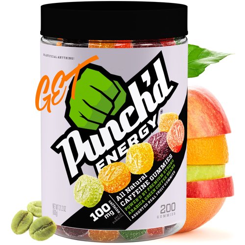 Punch'd Energy Natural Caffeine Gummies (200 Count Value Jar) 100mg of Caffeine per 10 Gummies, Clean Label, Ultra Low Glycemic, Low Calorie, Vitamin C