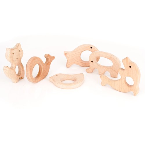 IoF 12 Pcs Teething Toys for Babies, Natural Wooden Teething Rings Baby Teether Chew Toys for Infant Toddler Teethers Crackers Animal Set Pain Relief Handmade Hanging Ring Set Toy