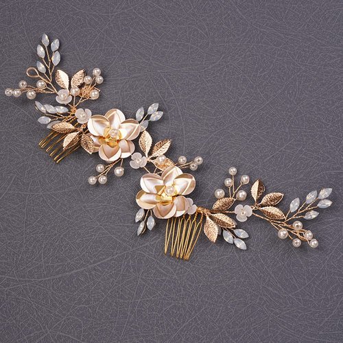 Teyglen Hair Comb, Wedding Gold Rhinestones Flower Leaf Crystal Pearls Hair Comb, Bridal Headband Hair Accessories, Hair Pieces for Women Bride Girls (Gold, 24 * 6.5cm/9.44 *2.6 inches)