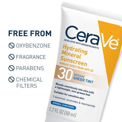 CeraVe Hydrating Mineral Sunscreen SPF 30 with Sheer Tint, Tinted Mineral Sunscreen with Zinc Oxide & Titanium Dioxide, Blends Seamlessly For Healthy Glow, Stocking Stuffers, Deep, 1.7 Oz