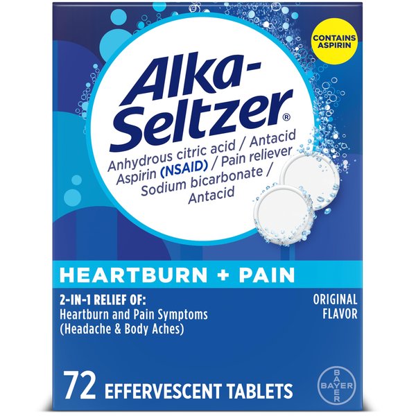 Alka-Seltzer Heartburn Relief and Pain Relief, Aspirin + Antacid Effervescent Tablets, 72 Count