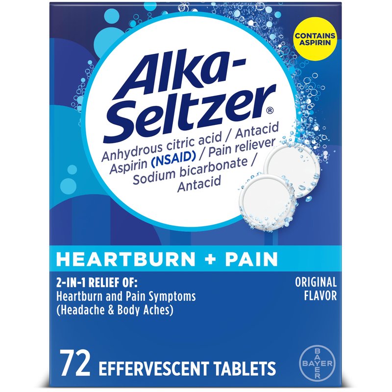 Alka-Seltzer Heartburn Relief and Pain Relief, Aspirin + Antacid Effervescent Tablets, 72 Count