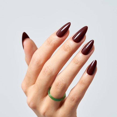GLAMERMAID Dark Brown Press on Nails Medium Almond, Natural Glossy Jelly Gel Nails Stiletto Fake Nails with Design, Short Oval Stick Glue on Nails Tips for Women, Reusable Acrylic Daily False Nail Kit