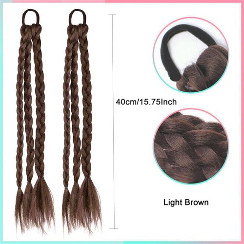 2 Pieces Colored Braids Hair Extensions with Rubber Bands Braided Synthetic Hairpieces Ponytail Hair Accessories for Women Kids Girls 15.7 Inches #03