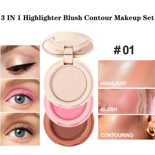 Yeweian 3-in-1 Blendable Trio, Contour and Highlight Blush Makeup Palette, Cream Bronzer, Silky Smooth Powder Blush, Shimmer Highlighter Makeup Powder, Pink Brown Eyeshadow Palette with Mirror(01)