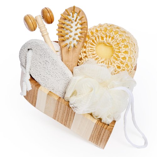Bella Ciao Body and Skin Care Set, 6-PC, Face Massage Roller, Hair Brush, Pumice Stone, Loofah, Exfoliating Sponge, Wooden Tray Gift Basket, Bath and Body Gift Set, Birthday Gifts for Women