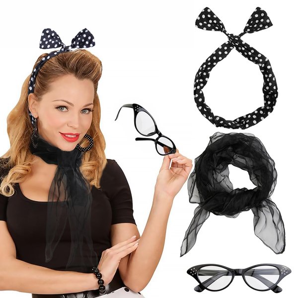 WOVOWOVO 50s Outfits for Women 1950s Halloween Costume Accessories Decades Day Outfit Polka Dot Headband Chiffon Scarf Cat Eye Glasses for Adult Woman Teens (Black)