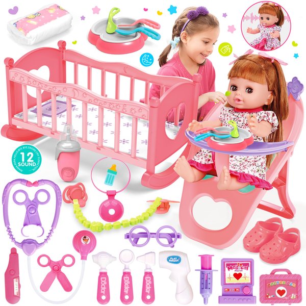 PROOU Baby Doll Toys Set, 14" Doll Toys, 25Pcs Doll Care Playset, Baby Doll Doctor Kit for Toddlers Incl Cradle Crib, High Chair, Stethoscope, Doctor Bag, Baby Gift for 3 4 5 6+ Year Old Girls Boys