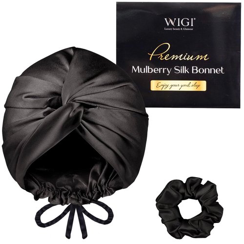 WIGI 100% Mulberry Silk Bonnet with Scrunchie Gift for Women, Silk Bonnet for Sleeping, Shower Cap Hair Bonnet, Silk Hair Wrap for Hair Care (100% Mulberry Silk (Bow design), Black)