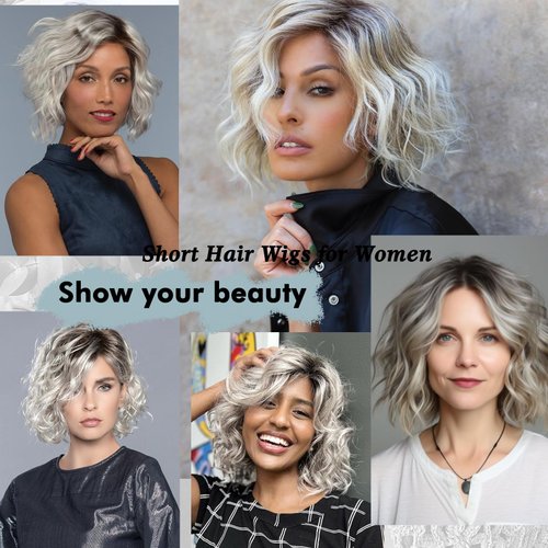 Matthia Short Curly Wavy Bob Wigs for White Women Ombre Grey Ash Blonde Bob Synthetic Wavy Wig with Dark Roots Short Hair Realistic Wigs for Women (Ombre Grey Mixed Brown)