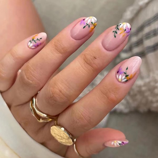 Vezocim Flower Press on Nails Oval Shapes, Full Cover Acrylic Nude False Nails with Floral Designs, Artificial Glossy Short Fake Nails with Sticky Tabs, Glue on Fingernails for Women (W164)