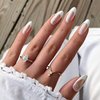 YOSOMMK French Tip Chrome Press on Nails Almond Medium Fake Nails with Mirror Designs Glossy Glue on Acrylic Nails Nude Full Cover False Nails for Women