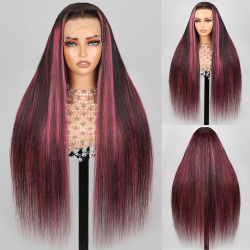 Megalady Beauty Arabella 1B/Purple Highlight Lace Front Wig Human Hair 13x4 Ombre Lace Front Wig Human Hair 210% Density HD Lace Frontal Wig Lace Front Wigs Human Hair (18inch, 13x4 1B/Purple wig)