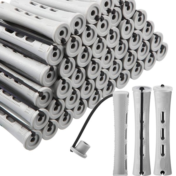 WILLBOND 60 Pcs Perm Rods Natural Long Short Hair Perm Rods with Elastic Rubber Band Non Slip Plastic Perming Cold Wave Rod Kit for Women Hairdressing Styling Tool(0.59 Inch,Gray)