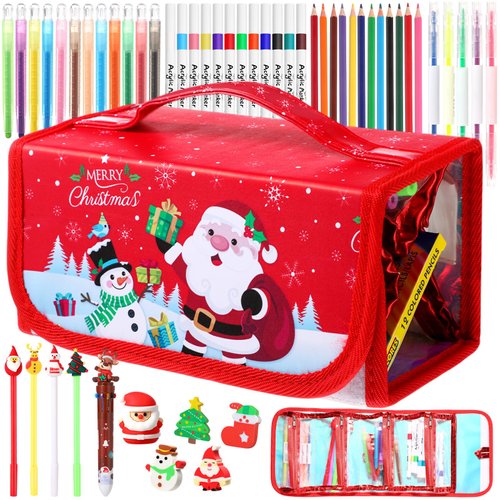 Pasimy Washable Markers Set with Christmas Pencil Case, Crayons, Pencils, Erasers, Drawing Coloring Art Craft Kits Christmas Art Supplies for Xmas Birthday Gifts Coloring Books Holiday Present, 4+