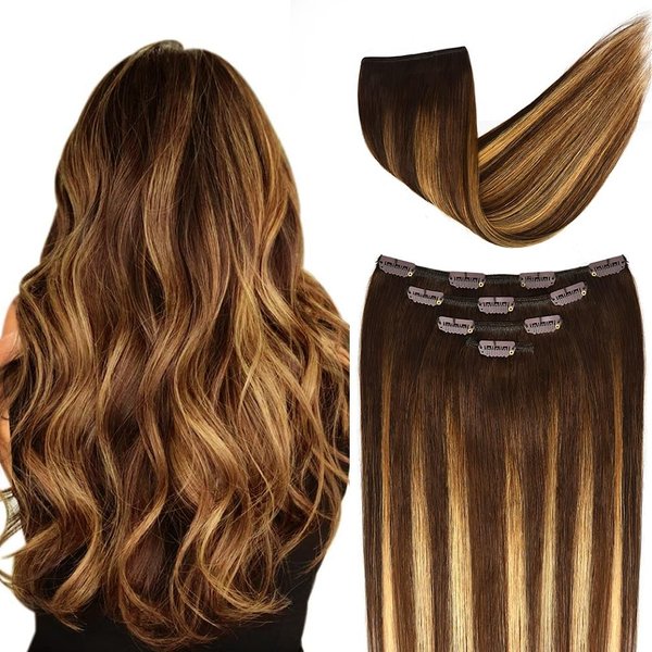 12" Hair Extensions Balayage Clip in Human Hair for Women - Silky Straight Chocolate Brown to Honey Blonde Highlight Brown Ombre Hair 50grams 4pieces #(4T27) P4 Color