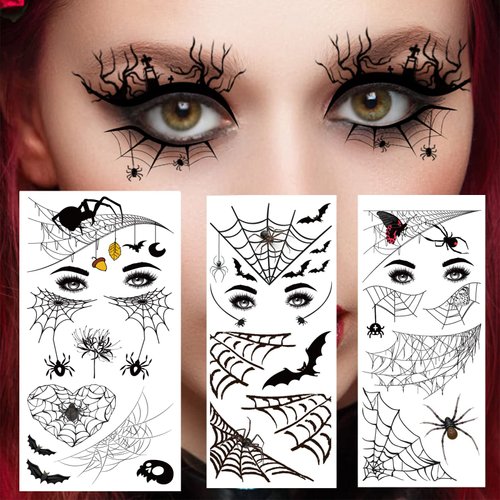 6 Sheet Halloween Spider Bat Temporary Tattoo Stickers Face eye Makeup Stickers Decals for Women Girls Halloween Masquerade Cosplay Party Decorations