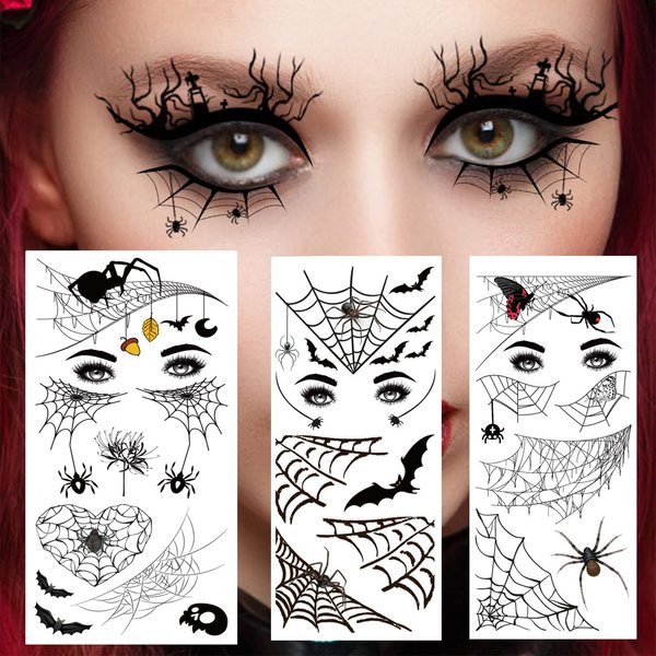 6 Sheet Halloween Spider Bat Temporary Tattoo Stickers Face eye Makeup Stickers Decals for Women Girls Halloween Masquerade Cosplay Party Decorations