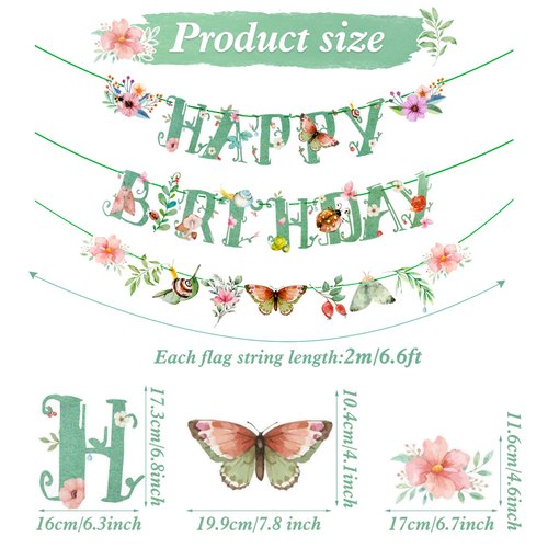 SUNBEAUTY Sage Green Spring Happy Birthday Banner Green Spring Butterfly Flowers Banner Summer Spring Butterfly Birthday Party Decorations | Pre-Strung