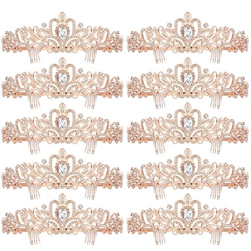 BBTO 10 Pcs Crystal Tiara and Crowns for Women Girls Princess Rhinestone Crown Queen Headband with Combs Bride Crown Tiara for Birthday Party Wedding Prom Hair Accessories (Rose Gold)
