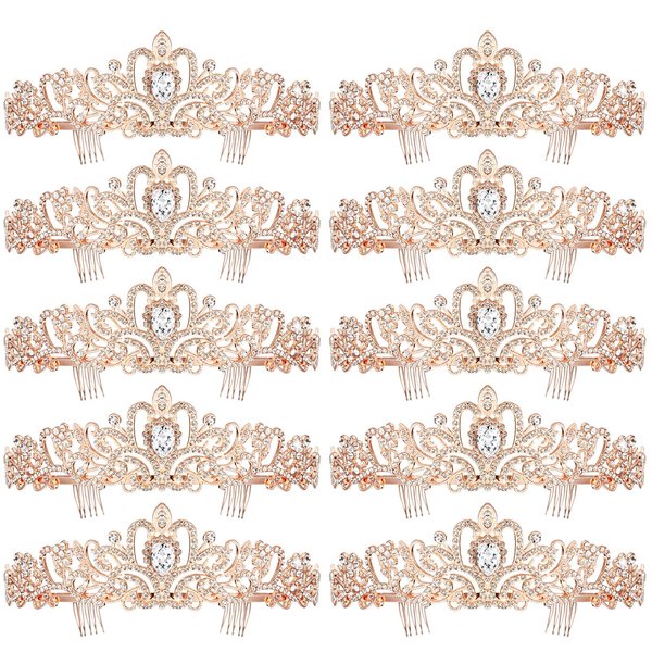 BBTO 10 Pcs Crystal Tiara and Crowns for Women Girls Princess Rhinestone Crown Queen Headband with Combs Bride Crown Tiara for Birthday Party Wedding Prom Hair Accessories (Rose Gold)