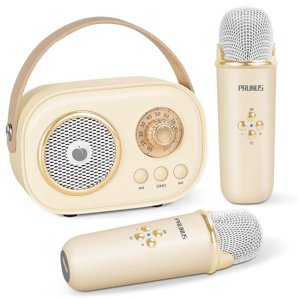 Mini Karaoke Machine for Kids&Adults,Portable Bluetooth Speaker with 2 Wireless Microphones and Stereo Sound Enhanced Bass,Gifts for Girl 3 4 5 6 7 8 9 10 11 12+ Years Old Home Party (Beige)