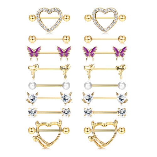 ZELORES 8 Pairs 14G Nipple Rings for Women Stainless Steel CZ Striaght Barbell Tongue Ring Nipple ring Set Butterfly Devil Heart Nipple Piercing Jewelry 16mm 5/8Inch (Gold)