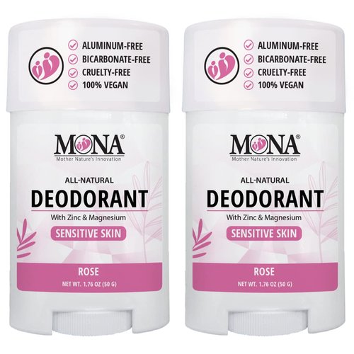 MONA BRANDS All Natural Deodorant For Women & Men | For Sensitive Skin | No Aluminum or Baking Soda | (2-Pack ROSE 1.76 Oz each)