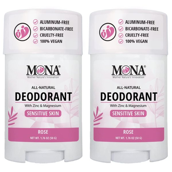 MONA BRANDS All Natural Deodorant For Women & Men | For Sensitive Skin | No Aluminum or Baking Soda | (2-Pack ROSE 1.76 Oz each)