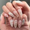 Rilafuvu Short Press on Nails Almond Fake Nails pearl Glue on Nails 3D Butterfly and Wave Acrylic Nails Flower Floral Nail Press ons Nude Stick on Nails for Women and Girls 24Pcs